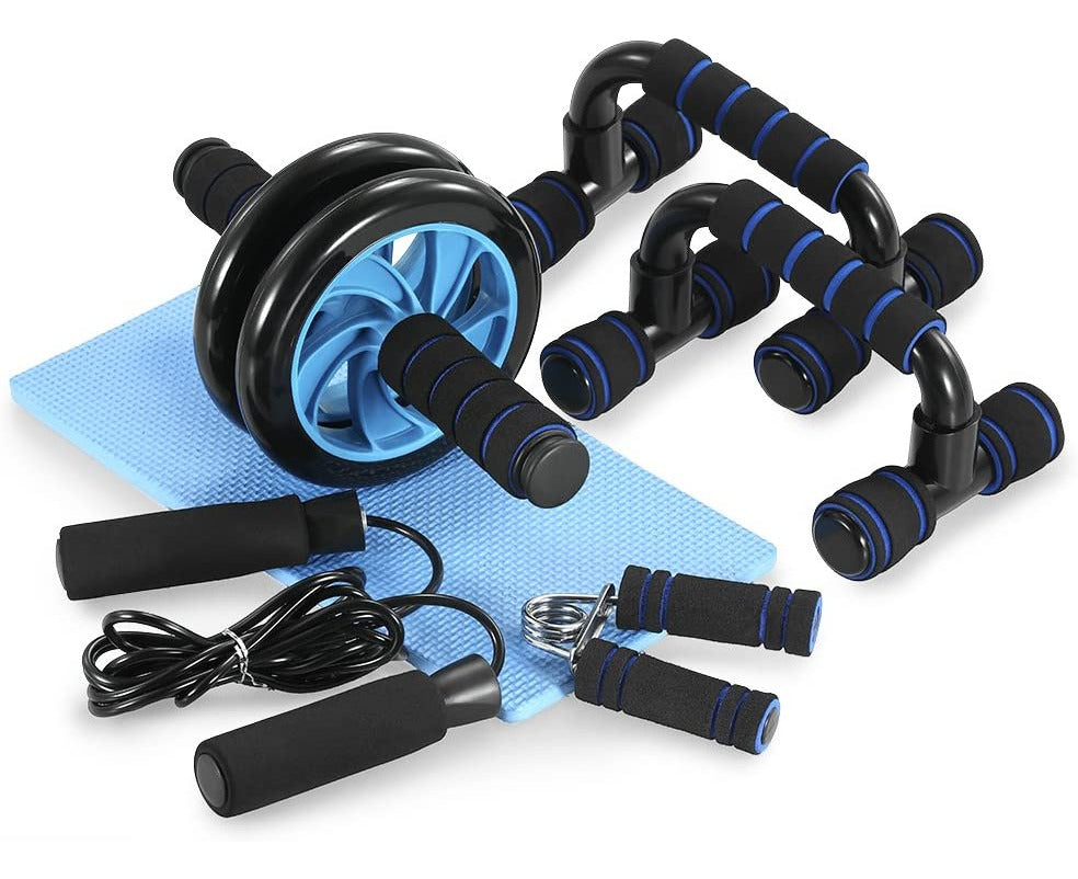 Indoor Gym - Blue5 in 1 Fitness Equipment Belly Bike + Traction Frame + Skipping Rope + Resistance Band + Knee Mat Complete Set